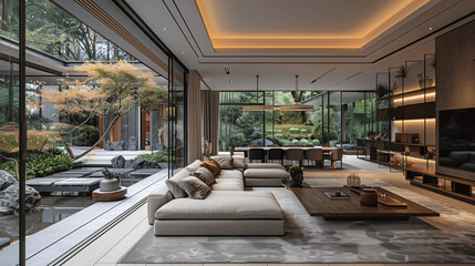 Modern Living Room with Japanese Garden View