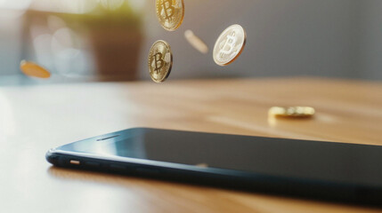 Stock exchange trading money investment crypto currency smartphone platform app. Many bitcoin coins with digital financial cryptocurrency btc market charts on mobile cell phone screen background.