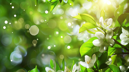  flower garden with burning green and white light dots, with sunlight penetrating through the leaves