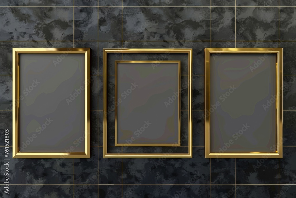 Poster three empty gold frames hanging on a wall. perfect for interior design projects