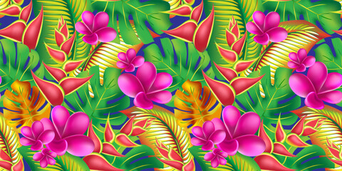 Palm monstera leaves with hibiscus and pink plumeria flowers abstract background. Trendy summer exotic flower print. - 761521634