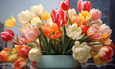 Tulips of different colors in vase. Bouquet of flowers against backdrop of city landscape. Beautiful spring tulips in white pot