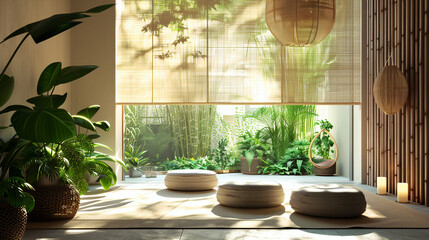 A calming meditation corner filled with a variety of potted plants, nestled by a window allowing...