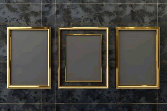 Three empty gold frames hanging on a wall. Perfect for interior design projects