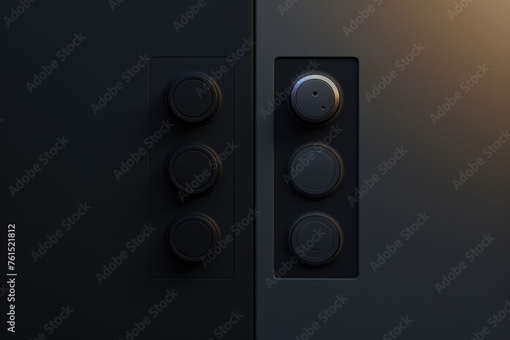 Poster Close up of a black door with three buttons. Suitable for technology or security concepts