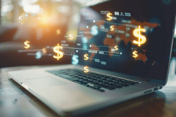 Digital financial business market charts on laptop screen background. Stock exchange trading investment graph with usd american dollar money symbols. Trade data analysis, investing finances concept.