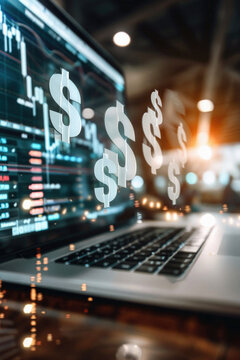 Digital financial business market charts on laptop screen background. Stock exchange trading investment graph with usd american dollar money symbols. Trade data analysis, investing finances concept.