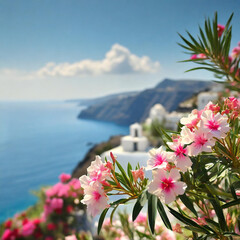 Piękne kwitnące kwiaty Oleandrów nad brzegiem morza, wakacje. Tapeta, dekoracja. Generative AI