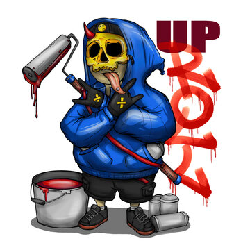 graffiti character writer X roll up modern stylist urban yellow skull mask blue hoodie with red paint on bucket and cans digital illustration painting concept art 