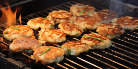 Meat cutlets are grilled. Cooking seafood dishes on fire. BBQ cutlets for hearty dinner
