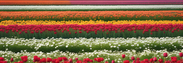 Fototapeta na wymiar Flower meadow. Field of daisy wildflowers, tulips, poppy flowers. Banner