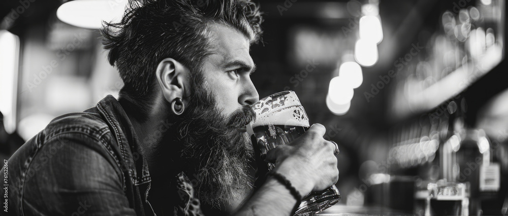 Poster A man with a beard enjoying a beer. Suitable for various beer-related concepts
