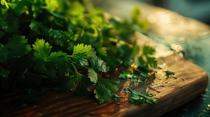 Fototapeta premium A bunch of parsley on a wooden cutting board. Ideal for culinary or healthy lifestyle concepts