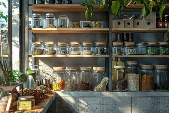 A shelf filled with various glass jars. Ideal for home decor or kitchen themes
