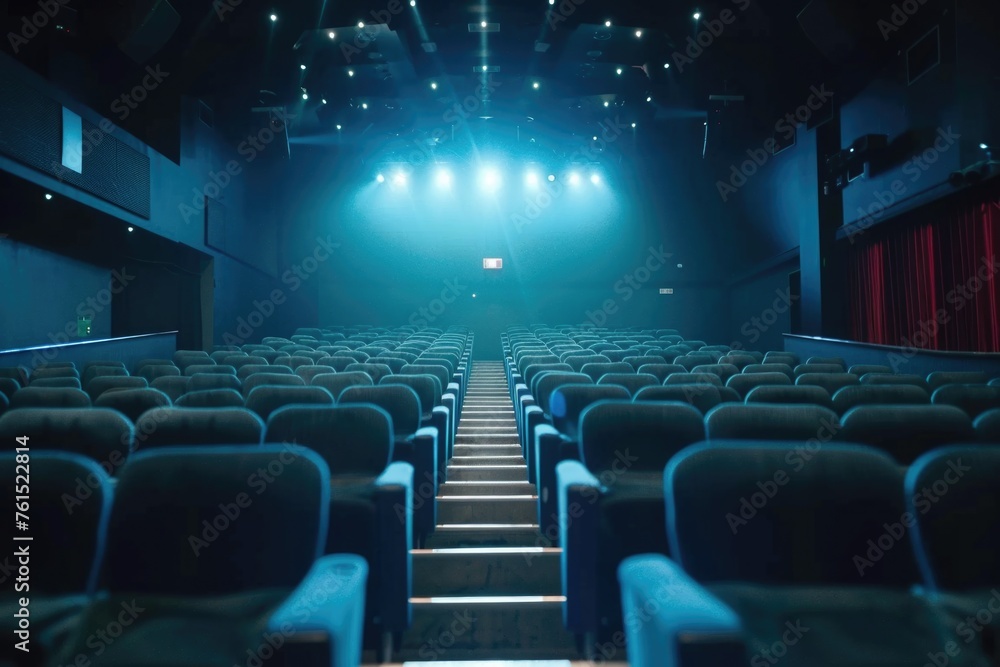 Poster Rows of empty seats in a theater with a stage, suitable for various theatrical concepts and performances