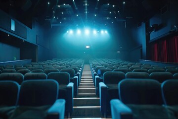 Rows of empty seats in a theater with a stage, suitable for various theatrical concepts and performances - obrazy, fototapety, plakaty