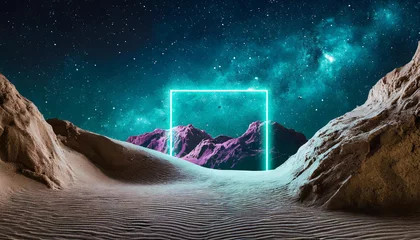 Foto op Plexiglas anti-reflex Abstract background with neon geometric shape and rocky mountains. Futuristic frame. Extraterrestrial landscape © hardvicore