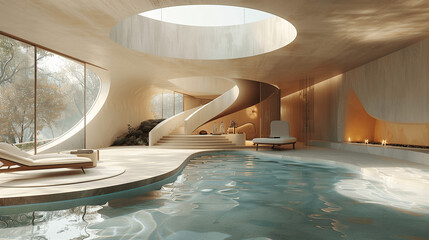 Obraz na płótnie Canvas Modern Luxury Indoor Pool with Elegant Spiral Staircase