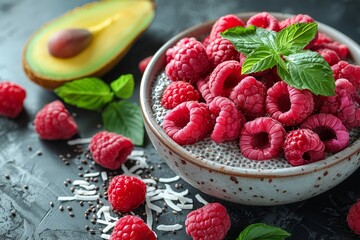 A bowl of chia seed pudding with raspberries and mint leaves on a dark background.