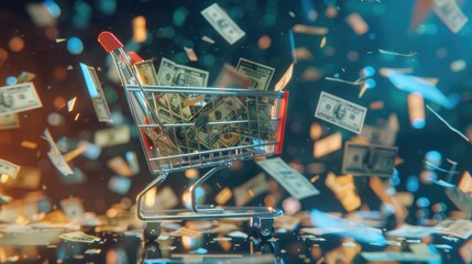 A shopping cart filled with money sitting on a table. Suitable for finance and shopping concepts - obrazy, fototapety, plakaty