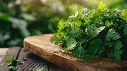 Fototapeta premium A bunch of parsley on a wooden cutting board, perfect for cooking recipes