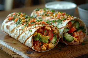A hearty veggie wrap filled with colorful vegetables and chickpeas, garnished with fresh herbs.