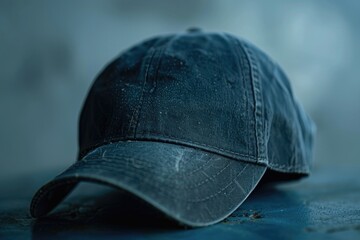 A baseball cap sitting on a table. Suitable for fashion or sports-related designs