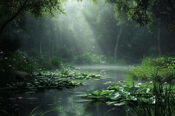 View of a pond in a fantasy forest with some water lilly flowers. - obrazy, fototapety, plakaty