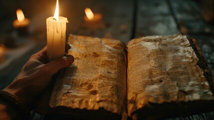 Person holding a lit candle in front of an open book, suitable for educational and spiritual concepts - obrazy, fototapety, plakaty