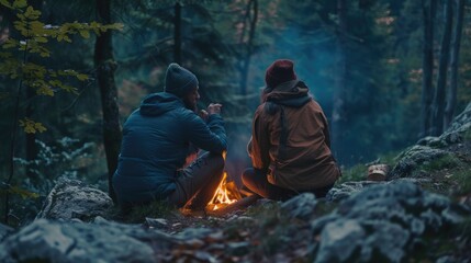 Two people sitting around a campfire in the woods. Suitable for outdoor and camping themes