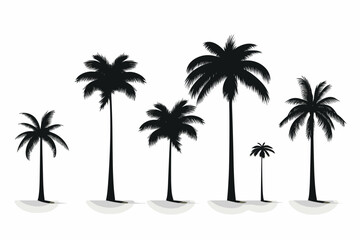 A set of detailed palm and coconut tree silhouette illustrations