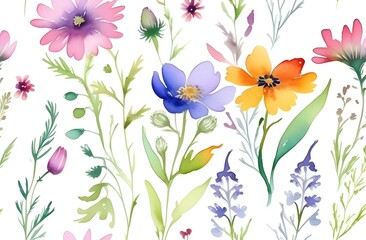 Floral summer background with wildflowers. Watercolor wildflowers. Background for printing on postcards, invitations and packages. Flowers are rustic style.