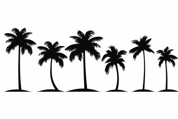 A set of detailed palm and coconut tree silhouette illustrations