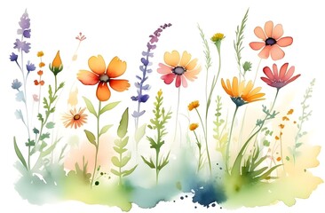 Watercolor horizontal border with wildflowers. A summer banner with dried flowers. Wildflowers for printing, on an isolated white background.