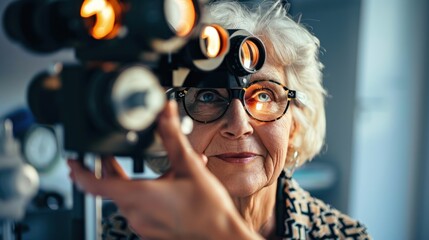 An elderly woman is testing her eyesight and trying on new glasses.