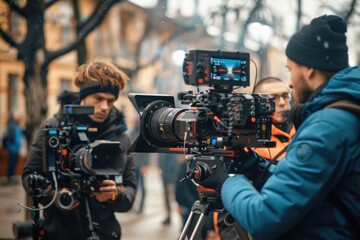 A group of people standing around a camera. Suitable for business or team collaboration concepts