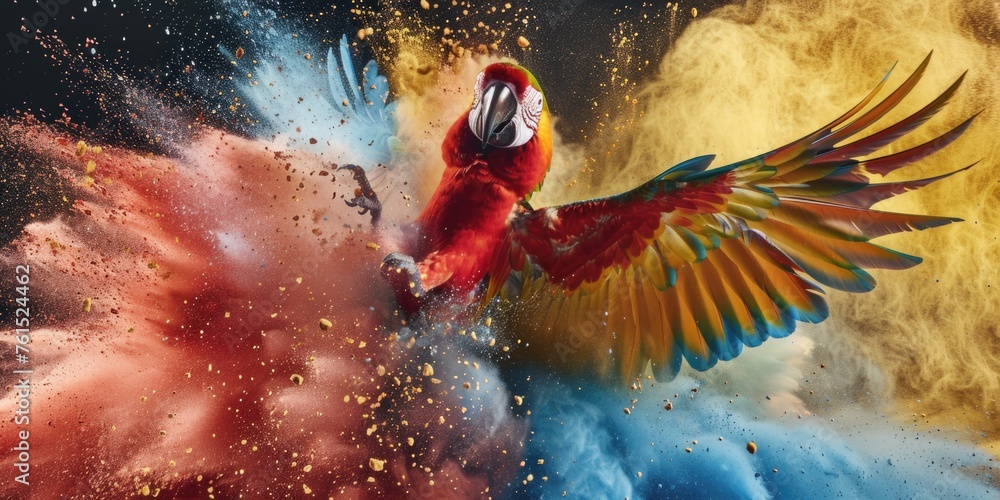 Poster colorful bird flying through a cloud of colored powder, perfect for vibrant and dynamic concepts