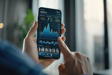 Stock trading investor, trader or broker using crypto exchange platform app on smartphone analysing exchange market chart investing money in financial market on mobile screen with cell phone in hands.