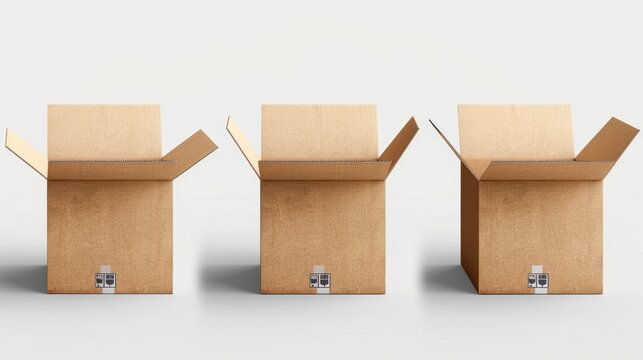 Three empty cardboard boxes on a plain white background. Suitable for packaging or storage concepts