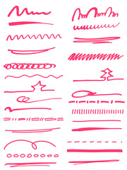 Pink red grunge brushes set of hand drawn underlines strokes. Marker brush doodle strokes set. 