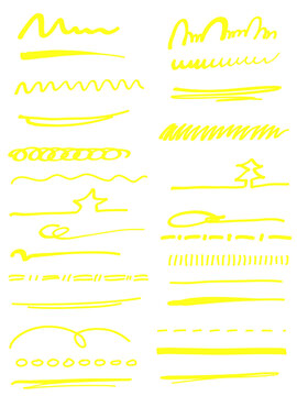 Yellow marker brush doodle strokes set of underlines strokes of marker brush style. Doodle strokes set. 