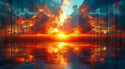 Foto auf Acrylglas Antireflex Sunset in the windows of the modern office building  with reflection in the water © Aliaksandra