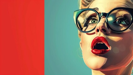 A pop art illustration of a woman with an exaggerated shocked expression, wearing oversized glasses...