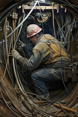 A man wearing a hard hat is seen working inside a tunnel. He is repairing damaged cables in the underground space