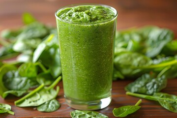Fresh spinach smoothie in a tall glass surrounded by spinach leaves.