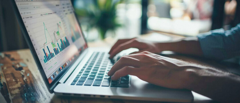 Stock trading investor trader broker using crypto exchange platform analyzing chart data on screen. Online investing money in financial market prices indexes analysis and forecast background.