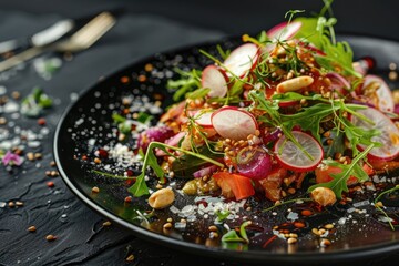 A black plate with vibrant radishes and fresh sprouts, perfect for healthy eating concepts