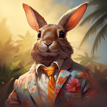Hare in human clothes. Portrait of rabbit in jacket and tie. Hare with long ears stands under palm trees