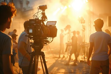 Group of people standing around a camera, suitable for advertising and teamwork concepts