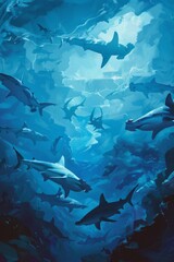 A group of hammerhead sharks swimming together in the deep ocean, showcasing their streamlined bodies and unique heads as they move through the water with agility - obrazy, fototapety, plakaty